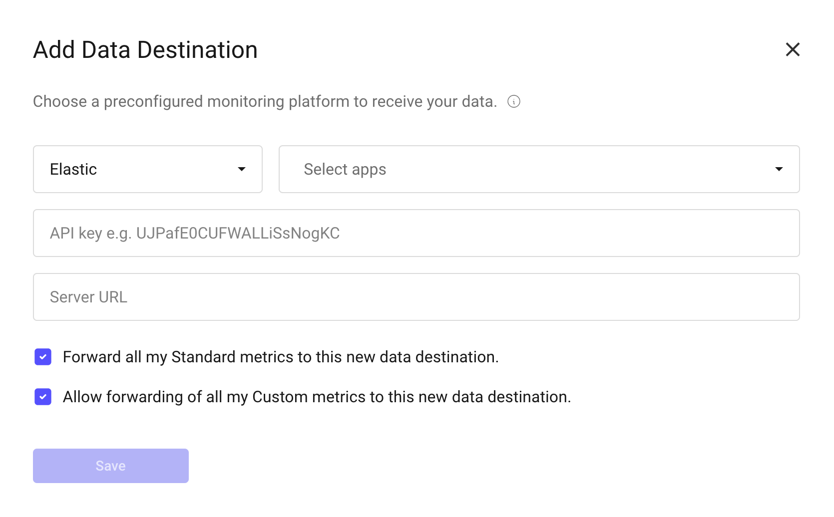 Image showing Elastic data destination form