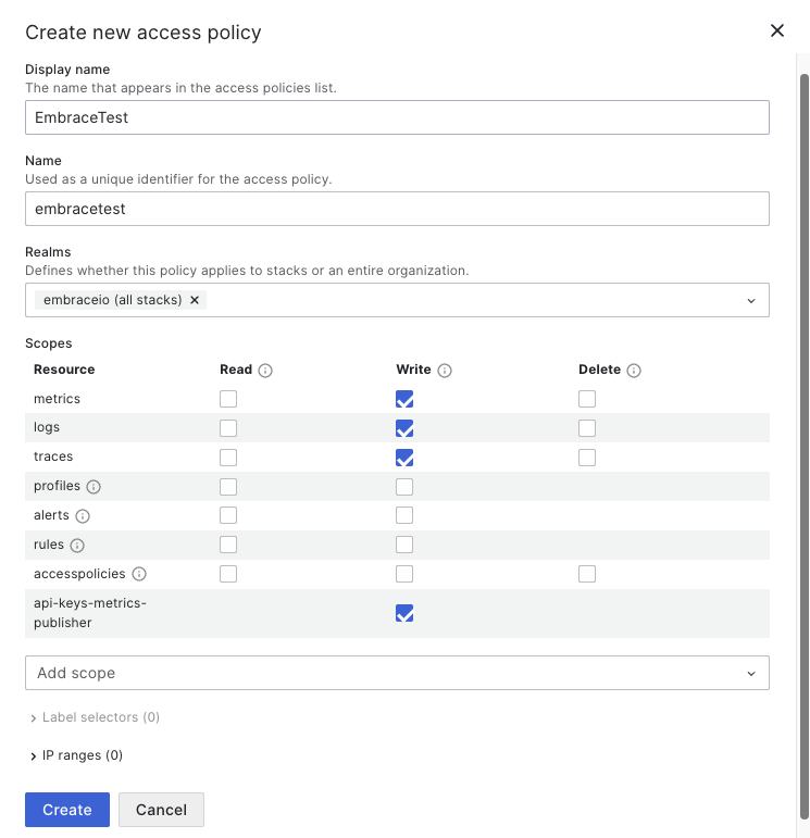 Image showing Grafana cloud access policy tab