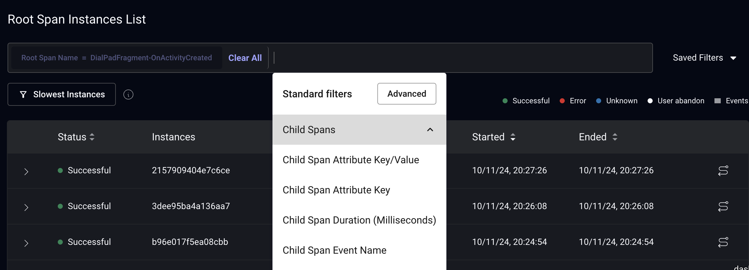 Trace summary filters