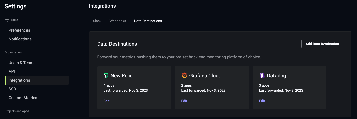 Image showing the settings page for data destinations