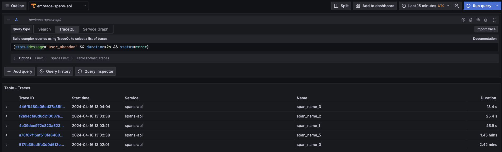 Grafana traceql mode